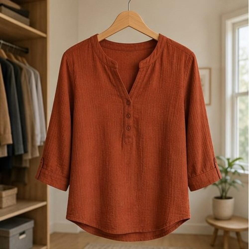 Rust Henley Notch Neck Blouse